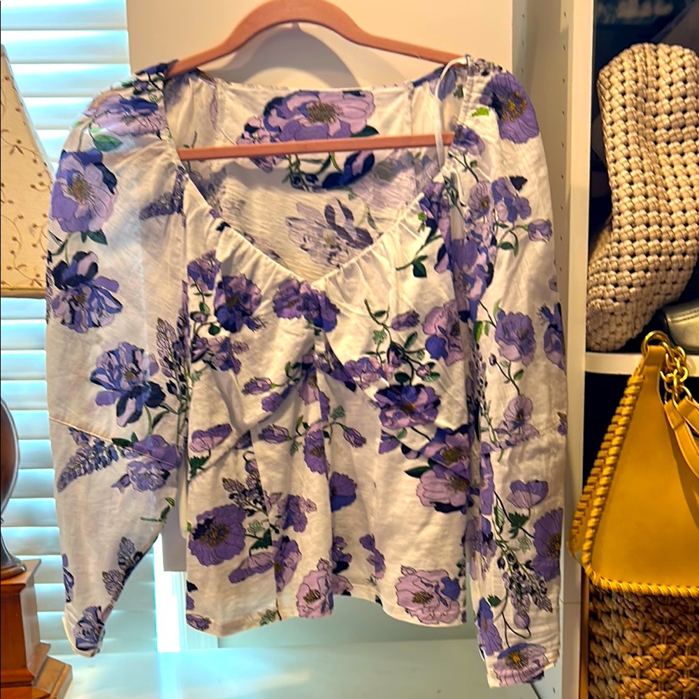 Anthropologie Purple and Blue Asymmetrical Puff Sleeve Blouse